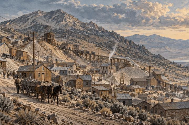 Illustrative reconstruction of Virginia City and Comstock mining works in Civil War era Nevada, with a telegraph line