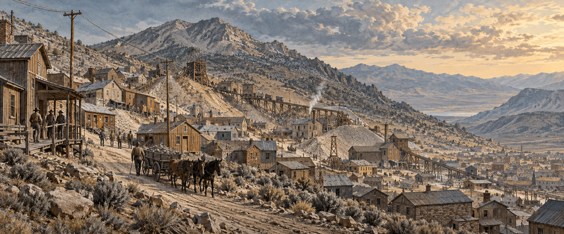 Illustrative reconstruction of Virginia City and Comstock mining works in Civil War era Nevada, with a telegraph line